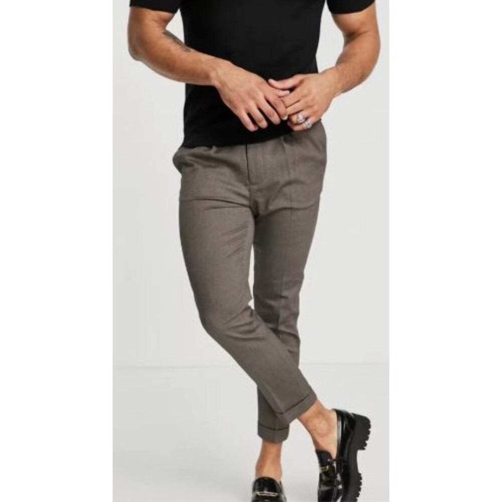 ASOS Design Men's 33" Tapered Cuffed Smart Suit Dress Pants Micro Stripe Pleated